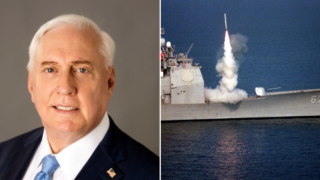 Montage med Douglas Macgregors porträtt från 2020 till vänster och en Tomahawkrobot som avfyras från USS Shiloh 1996 till höger.