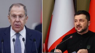 Sergej Lavrov vid mikrofoner till vänster och Volodymyr Zelenskyj talande vid toppmötet i Kiev till höger.