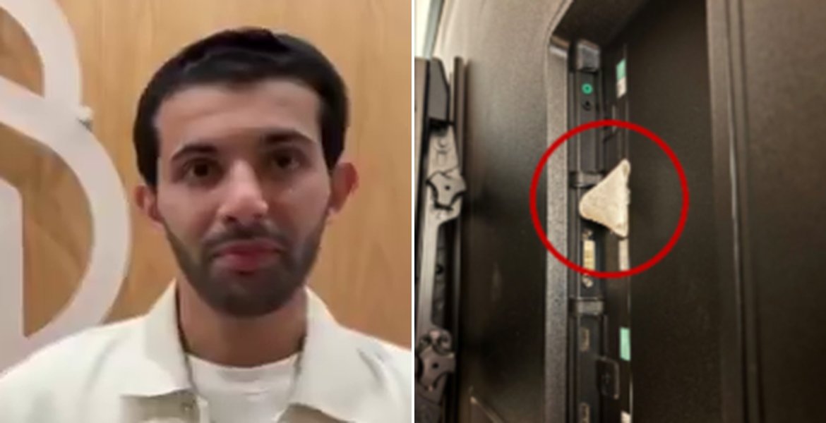 Abdulrahman Alfozan i en intervju intill DOJ:s bild av en dold apparat bakom en tv, markerad med en röd cirkel.