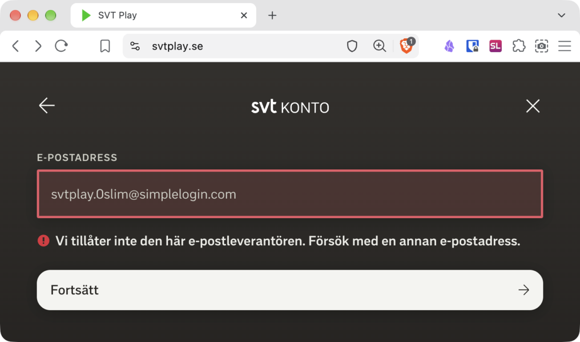 Skärmavbild av registreringssidan för SVT-konto. En mejladress som slutar på simplelogin.com är ifylld. Följande felmeddelande visas. ”Vi tillåter inte den här e-postleverantören. Försök med en annan e-postadress.”