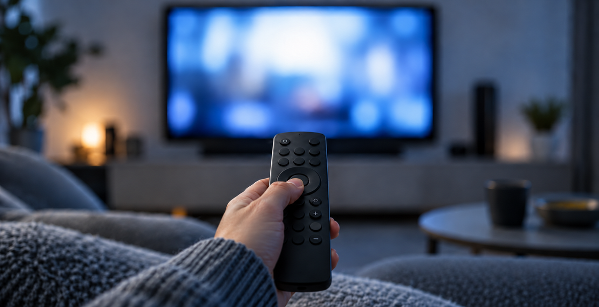 En hand håller en svart tv-fjärrkontroll med fingrarna dolda bakom dosan. Tv:n i bakgrunden är oskarp.